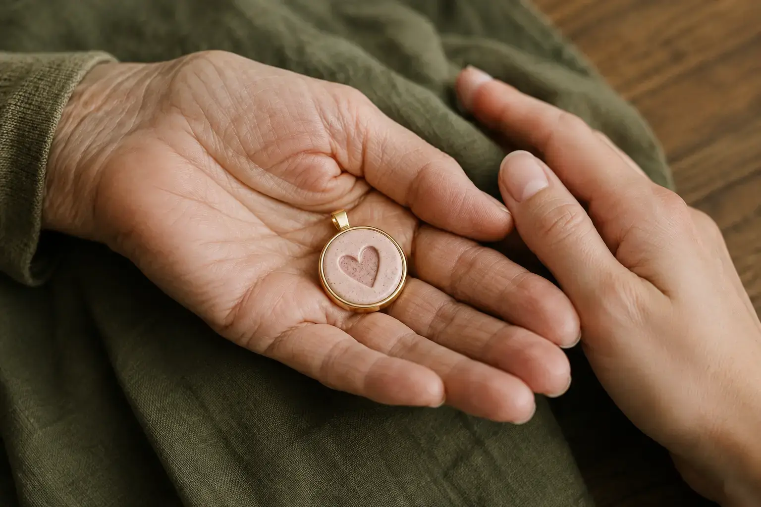 Heart ceramic HavenTap pendant held between two generations