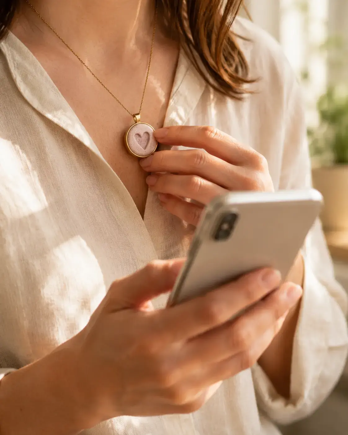 Woman tapping a phone near a handmade heart ceramic HavenTap pendant