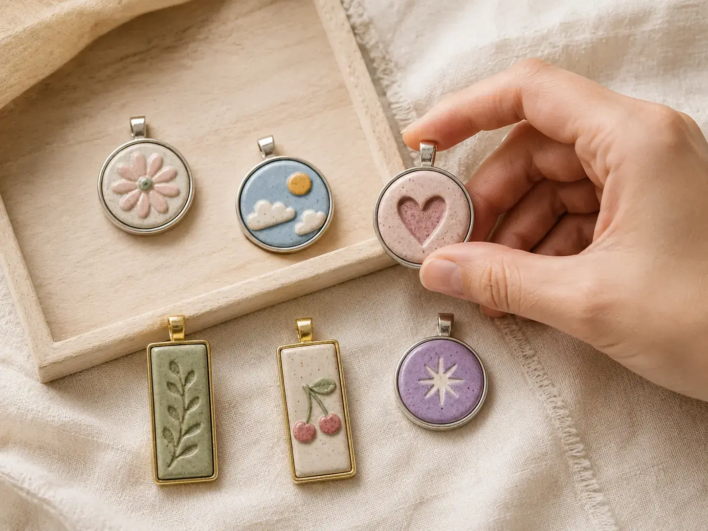 Hand choosing a heart pendant from a collection of ceramic HavenTap keepsakes