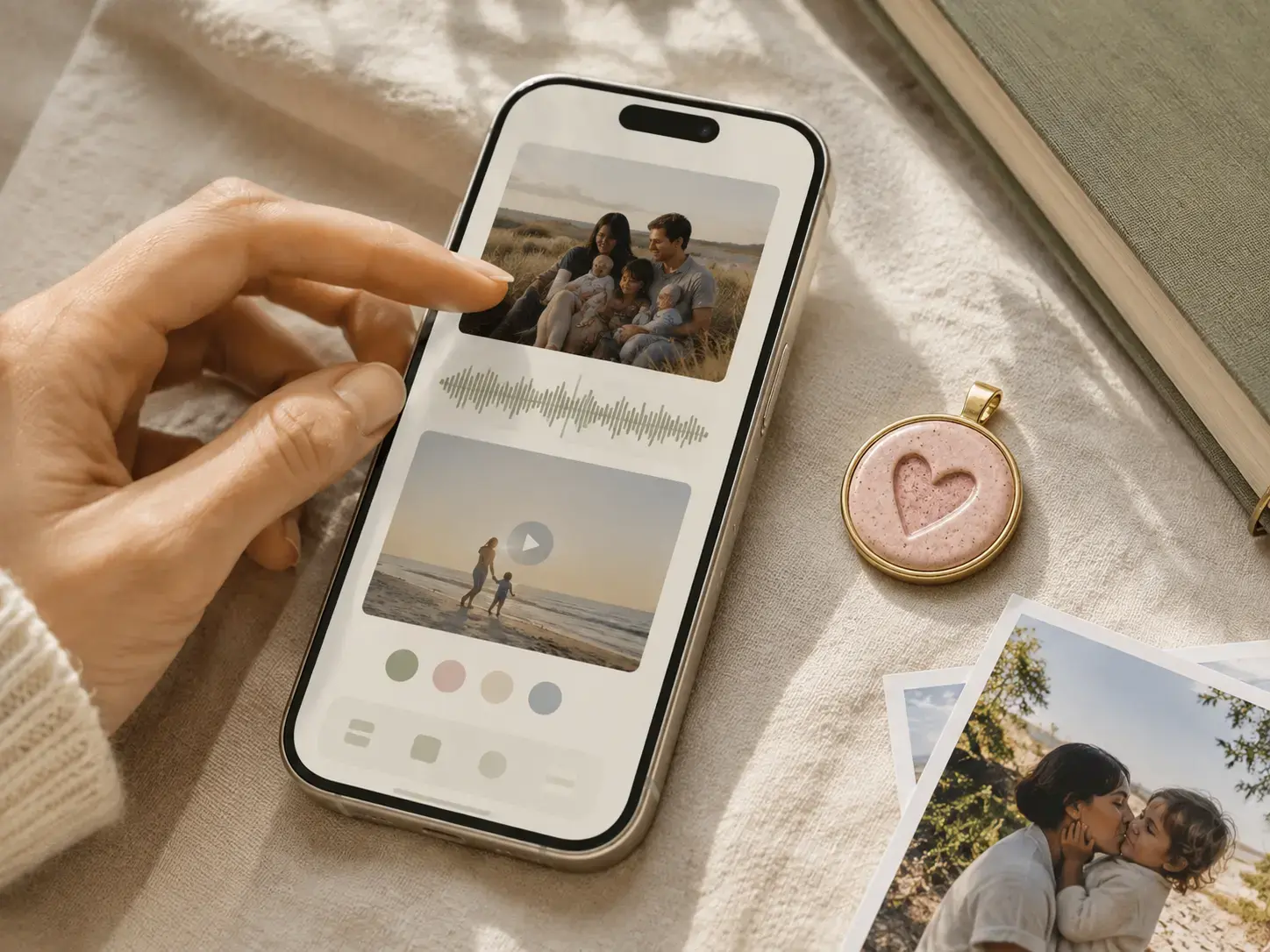 Phone creating a media experience beside photographs and a ceramic HavenTap pendant