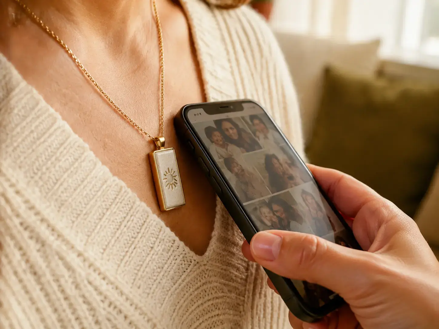 Phone tapping a rectangular ceramic HavenTap pendant to open family photos
