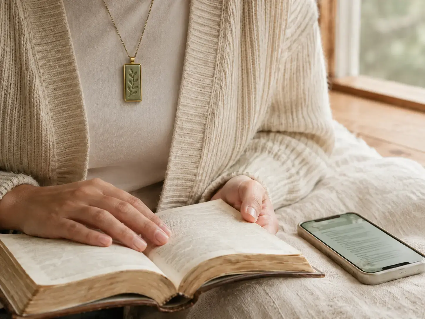 Person reading a Bible while wearing a sage ceramic HavenTap pendant