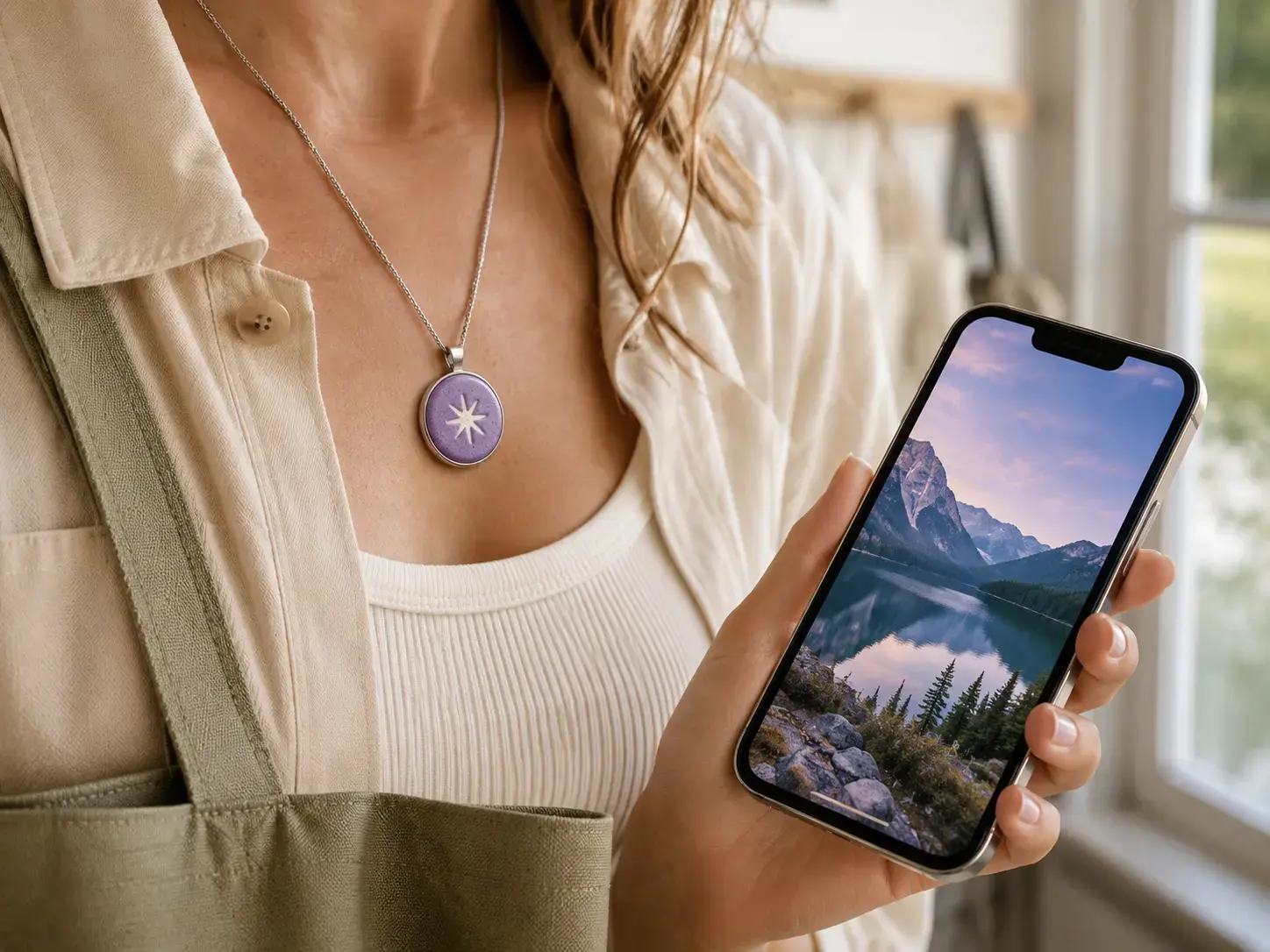 Traveler wearing a lavender ceramic HavenTap pendant beside a phone showing a scenic destination