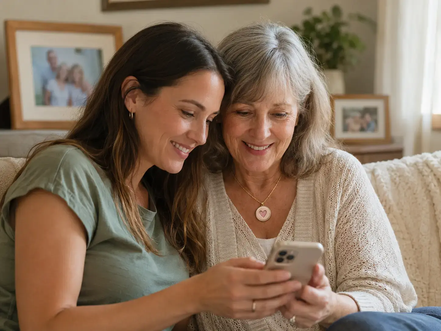 Mother and adult daughter sharing family moments on a phone while wearing a ceramic HavenTap pendant